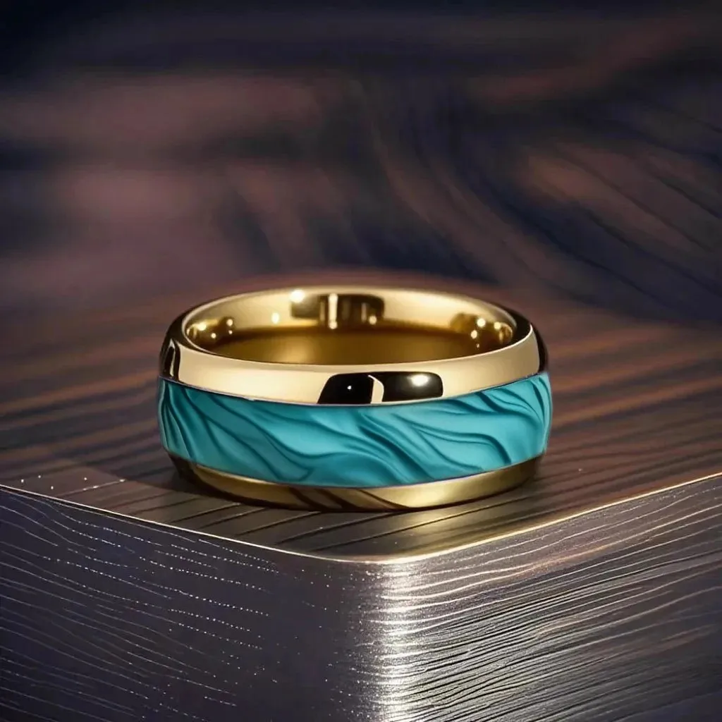 

With Sea Blue Abalone Shell Inlay Rings Fashion 8mm Gold Color Men Stainless Steel Ring for Men Women Wedding Jewelry Drop Ship