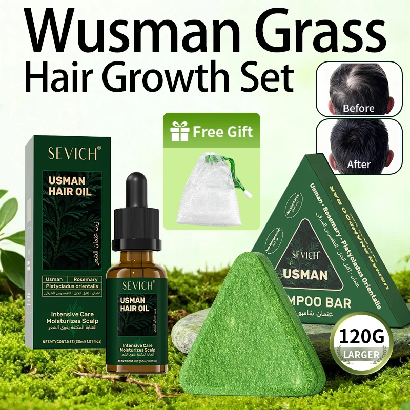 

Натуральный набор для роста волос Usman Grass Shampoo Soap Травяное масло для восстановления роста волос Сыворотка против выпадения волос Спрей для ухода за кожей головы для мужчин и женщин