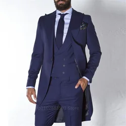 3 Pieces Navy Blue Tailcoat Suits for Men Wedding Custom Made Groom Tuxedos Long Male Fashion Blazer Groomsmen Costume