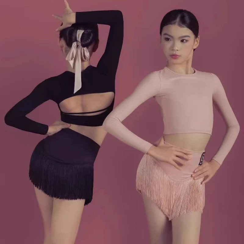 

2025 Spring Latin Dance Practice Performance Dress for Girls, Long Sleeve Top, Tassel Slimming Skirt, Dance Set