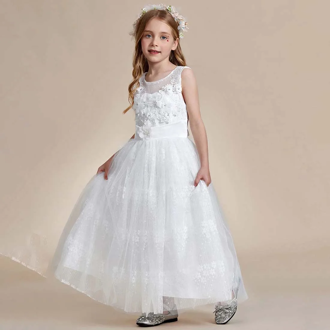 YZYmanualroom vestido de niña de flores con espalda de satén, apliques florales de tul, princesa 2-15T