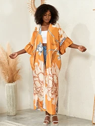 Plus Size Boho Kimono, damskie Plus nadruk lotosu kontrastowe wiązanie z długim rękawem z odkrytym przodem Kimono