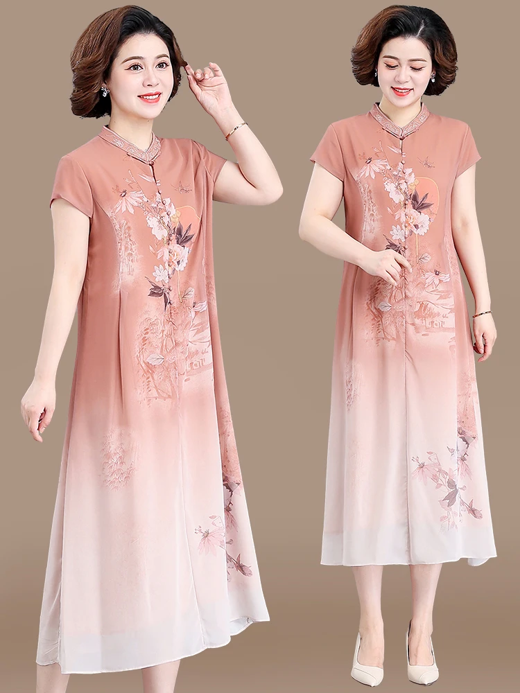 

Faionable ort Sve Qipao Dr Mom Summer Clothing Middle Aged Women's New Sle Chiffon Skirt Ele Korean Sle Dr