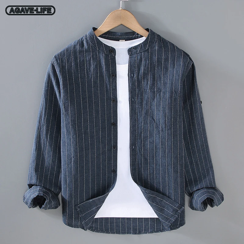 

Chinese Style Men's Linen Stand Collar Long Sleeve Shirt Men Spring Autumn Loose Striped Retro Cotton Hemp Comfortable Tang Suit