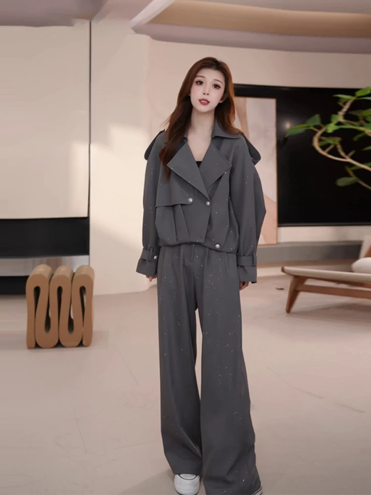 

Gray Casual Fashion Set Women's Winter New High-End Windbreaker Coat Wide Leg Pants Two-Piece Set Elegant Trendy Ensemble