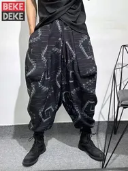 Mens Harem Pants Spring New Summer Elastic Waist Gothic Drop Crotch Casual Trousers Vintage Printed Loose Fit Hip Hop Mens Pants