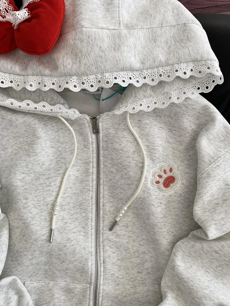 Lace Patchwork Bow Hoodies Women Sweet Fall Letter Print Cute Loose Sweatshirt Casual Long Sleeve Vintage Zipper Lady Kawaii Top