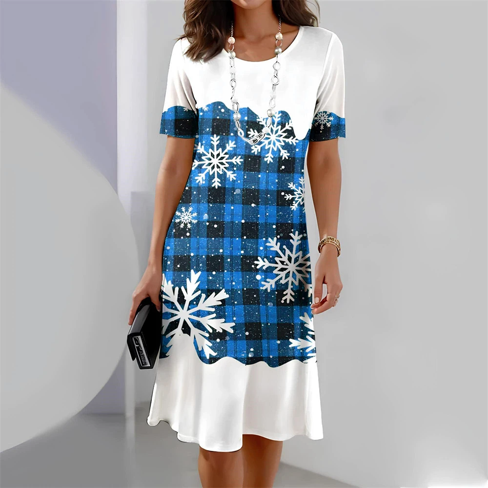 Street Plaid Snowflake Pattern Women Mini Dresses All Season Short Sleeve 3d Printed Christmas Style Ladies Dress 3XL Plus Size