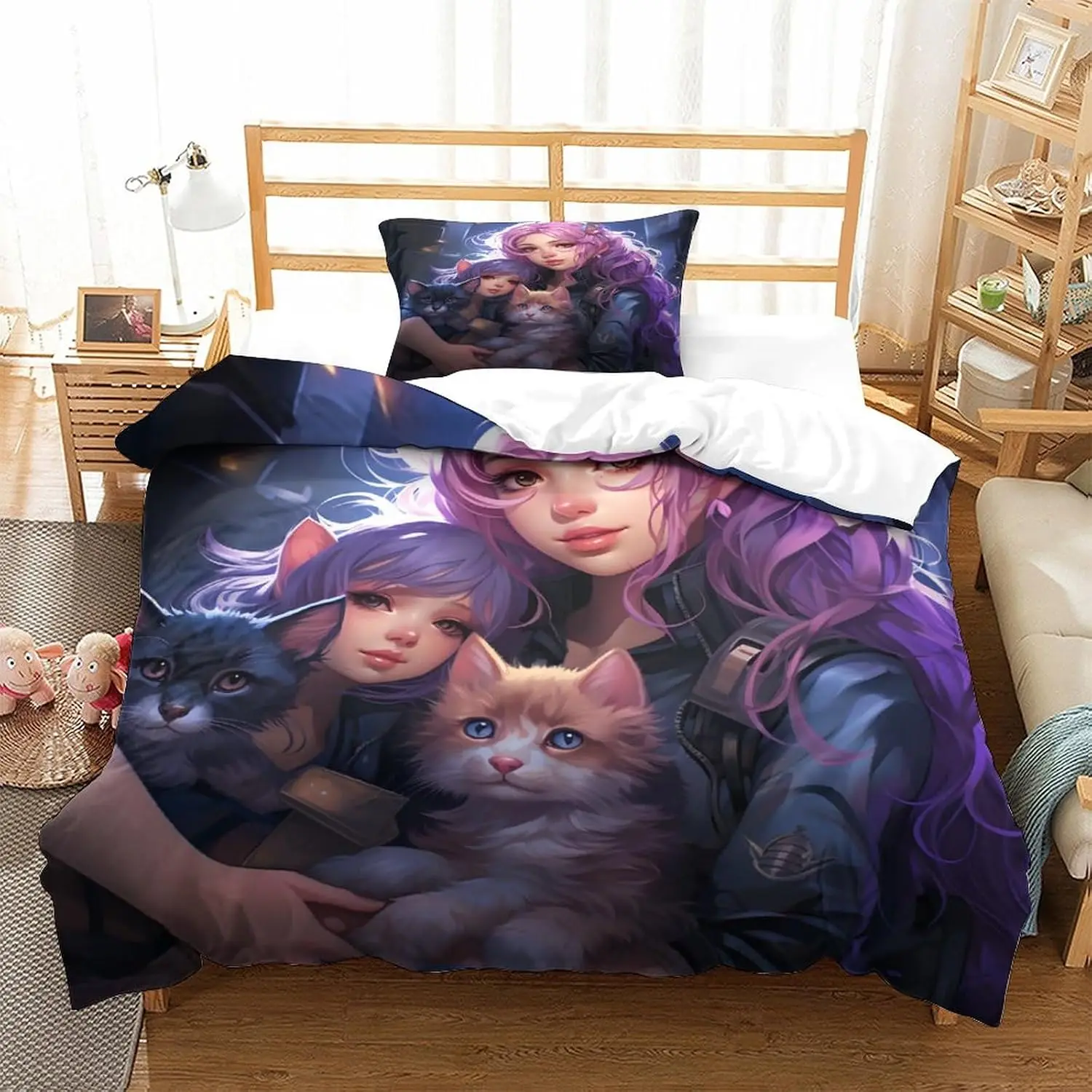 Anime Girls Holding Cat Bedding Set 3D Printed Duvet Cover Set 3 Piece Soft Breathable Quilt Cover with Pillowcase Queen King