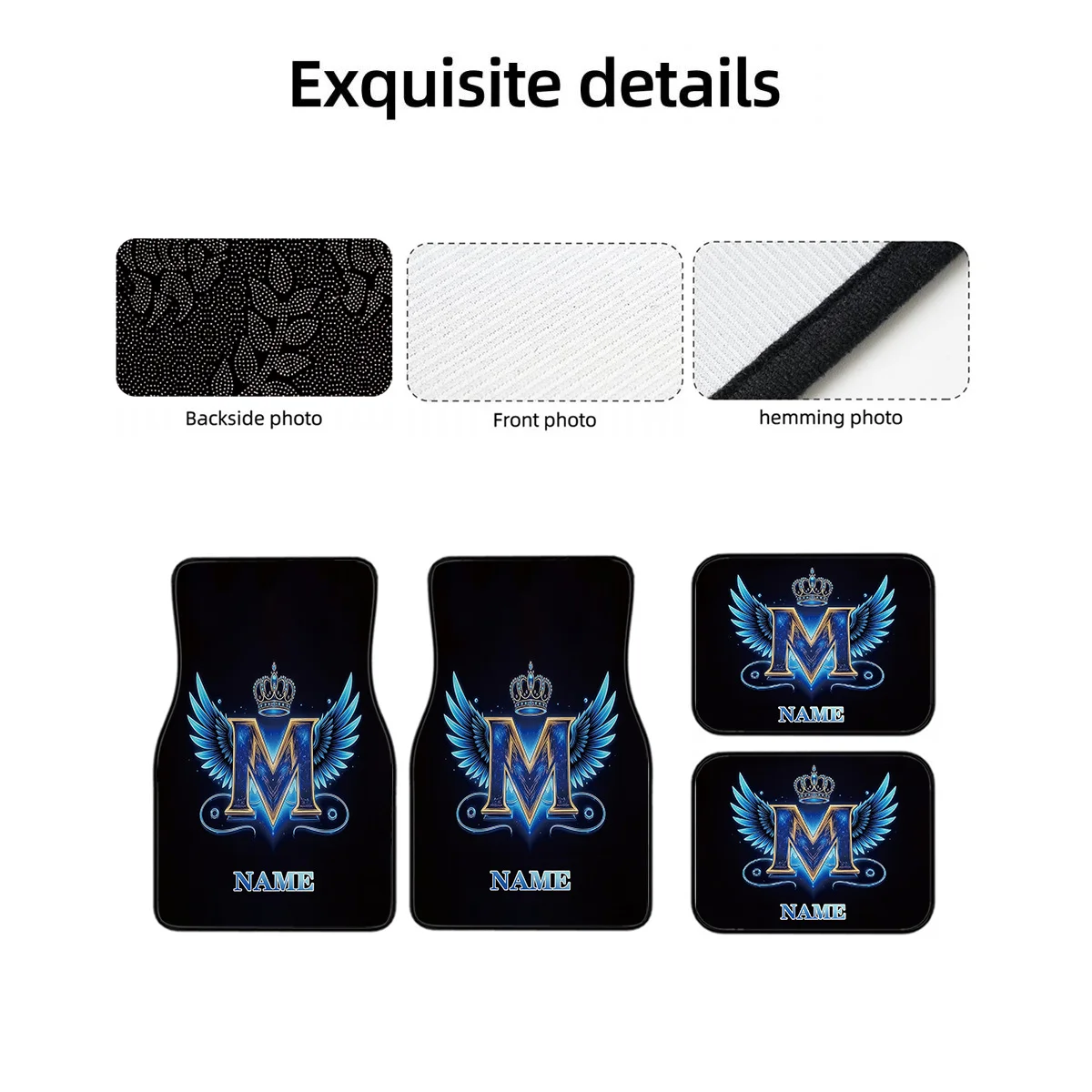 Set Of 4 Custom Name Car Floor Mats Featuring A Crown And Blue-Golden Wing Letter M, Personalized Print Design - Easy To Clean C