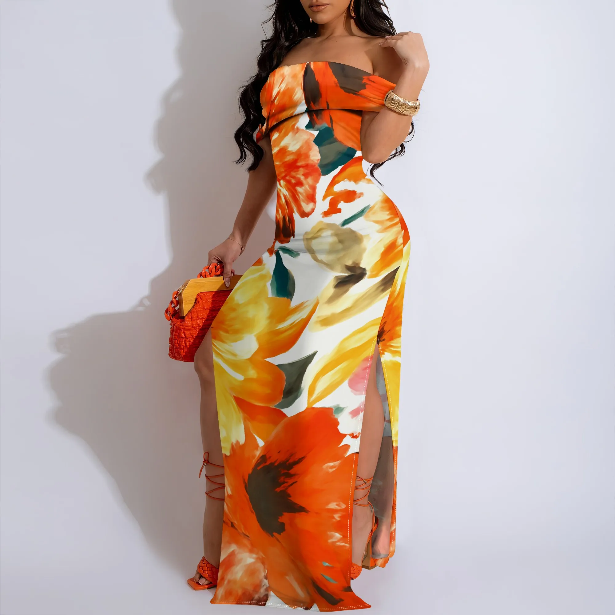 

Women's Floral Print Off Shoulder Maxi Dress 2025 New Arrival Sexy High Split Mermaid Evening Party Vacation Sundress XS-3XL