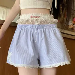 S,M,L,XL Sexy Cute Summer Striped Shorts Blue Pink Elastic Waist Shorts Button Embroidered Lace Shorts Leggings for Women Girl