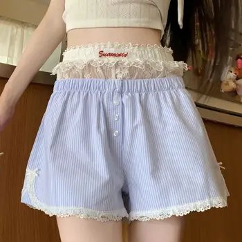 Short Sexy Rayé en Dentelle Brodée pour Femme et Fille, Taille artificiel astique, lèvent, Bleu, Rose, S,M,L,XL
