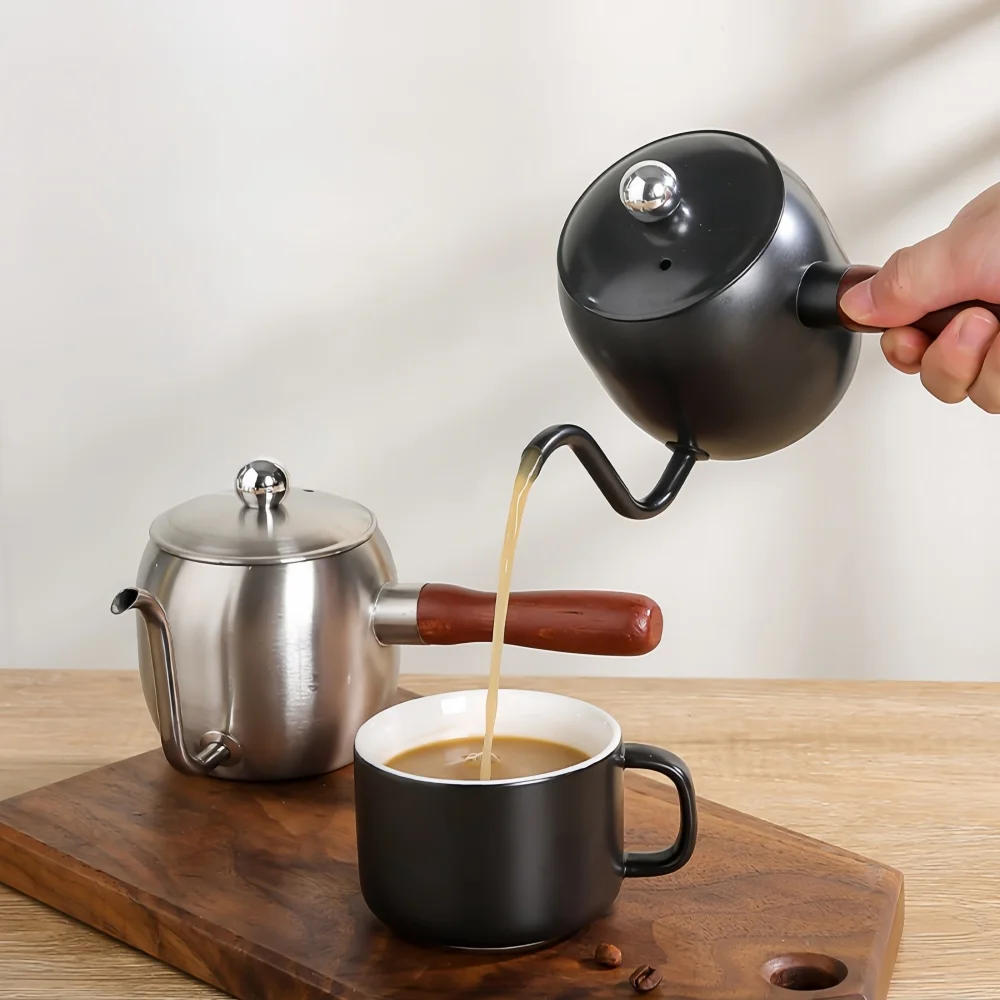500ML Coffee Hand-brewed Pot with Lid 304 Stainless Steel Wooden Handle Hanging Ear Coffee Outdoor Long Mouth Pot Coffee Utensil