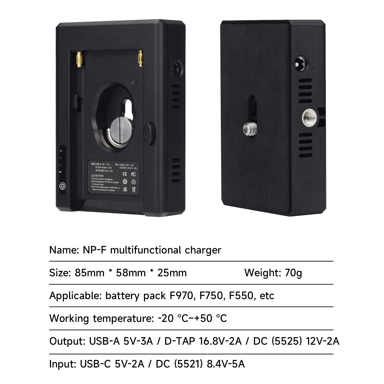 Akumulatory z serii NP-F Adapter Plate Lite z portem wyjściowym DC 12V/8.4V i wejściem USB-C do ładowania akumulatorów Sony NP-F550 F750 F970 ﻿