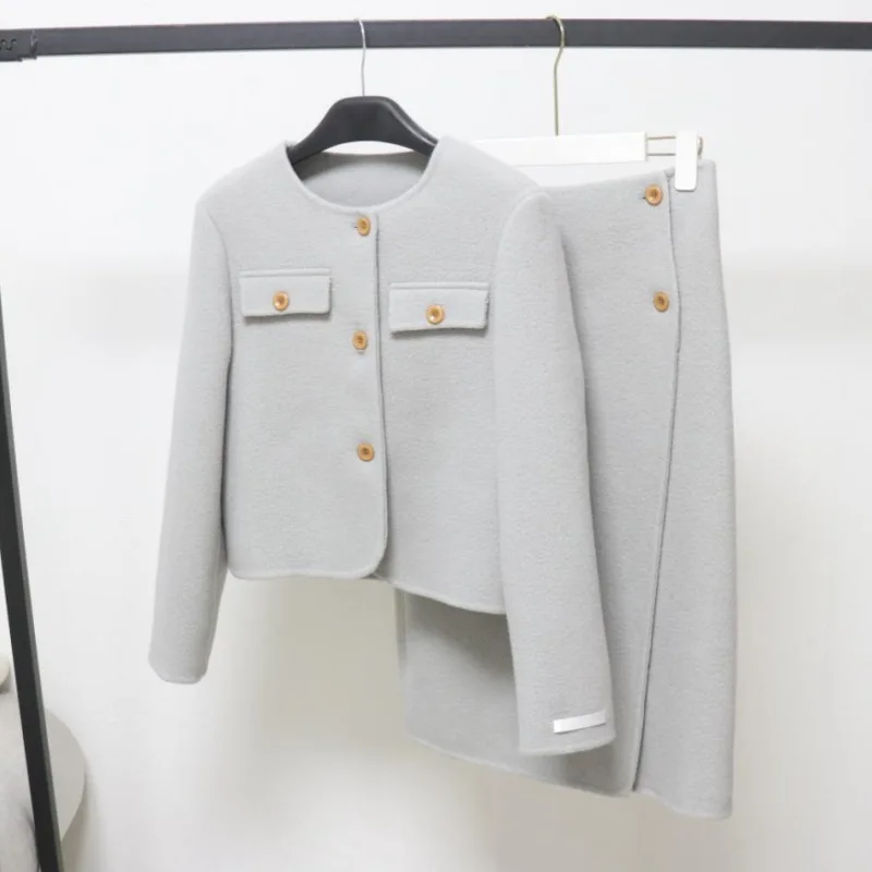 

Women's Autumn Winter Elegant Wool Two Pieces Skirt Set Lady O Neck Single Breasted Long Sleeve Jacket + Back Split Slim Skirt