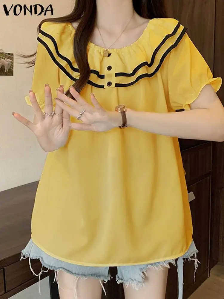 

Модная однотонная женская блузка 2024, богемные Топы VONDA с коротким рукавом-фонариком, повседневные свободные летние рубашки большого размера с оборками