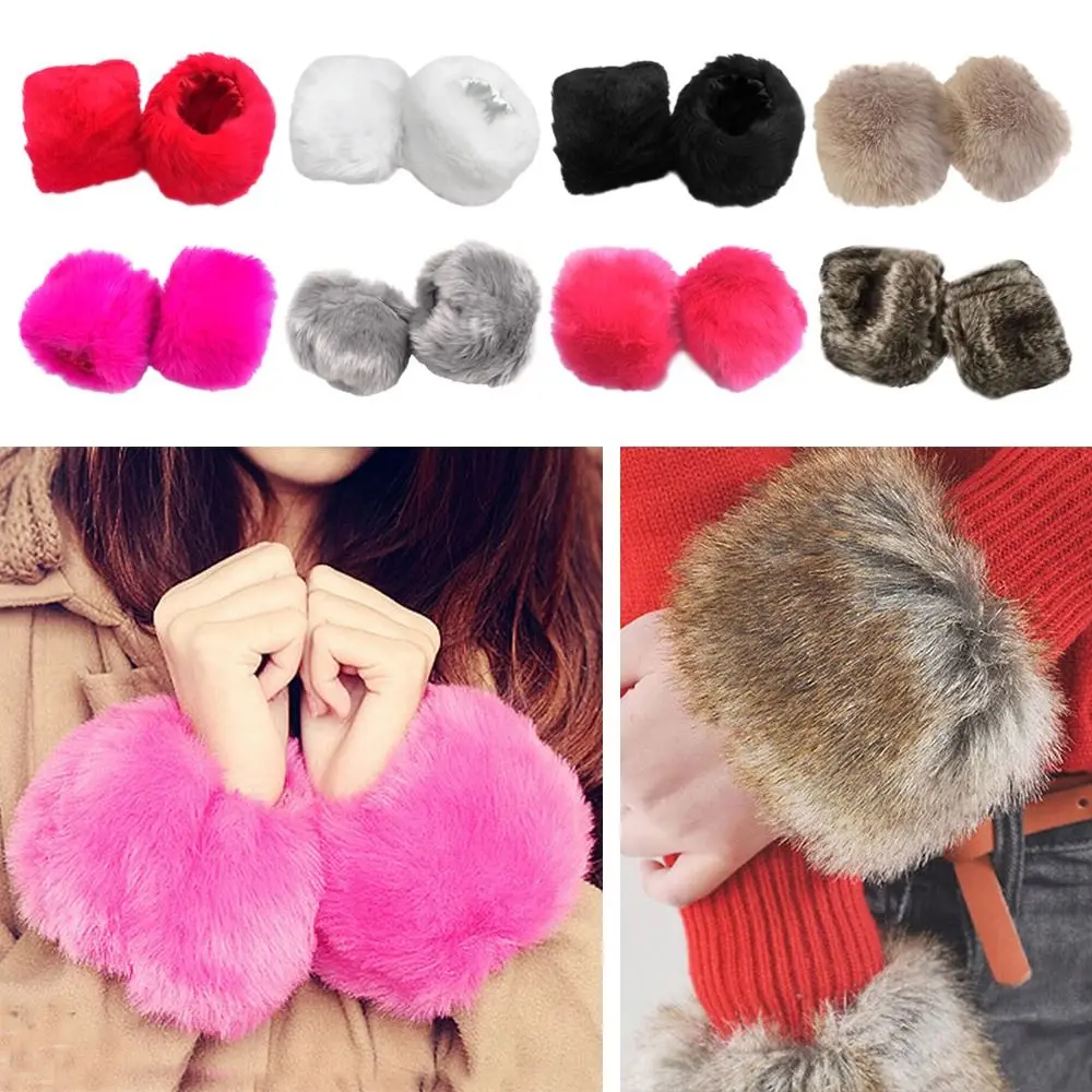 Women Fashion Winter Warm Faux Fur Elastic Wrist Slap On Cuffs Ladies Solid Color Arm Warmer Plush Wrist Protector