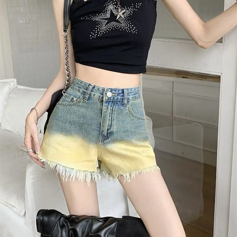 Denim Shorts Gradiënt Hoge Taille 2024 Nieuwe Zomer Slanke Hete Meid Veelzijdige A-Line Zomerkleding Hotpants Denim Shorts Ins