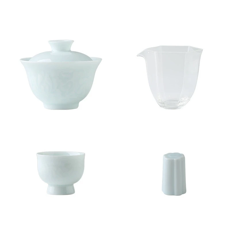 

Hand-carved shadow green twisted branches Kung Fu tea set, household high-end ceramic cover bowl, teacup with saucer gift