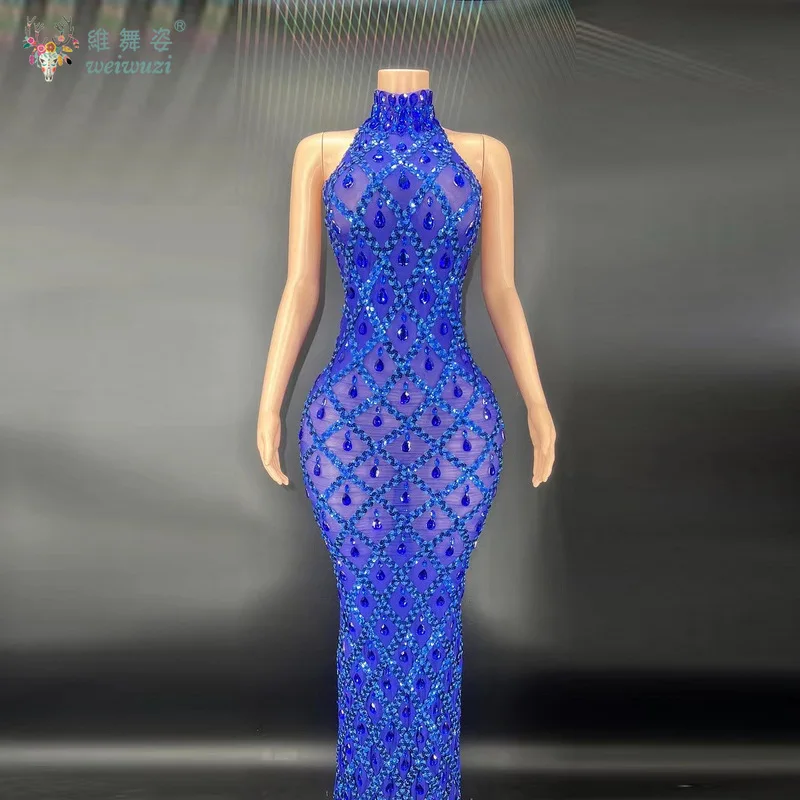 Luxus High-End Sexy Sparkling Diamante High Neck Perspektive Mesh Kleider Mode Promi Abend Cocktail Party Abendkleid