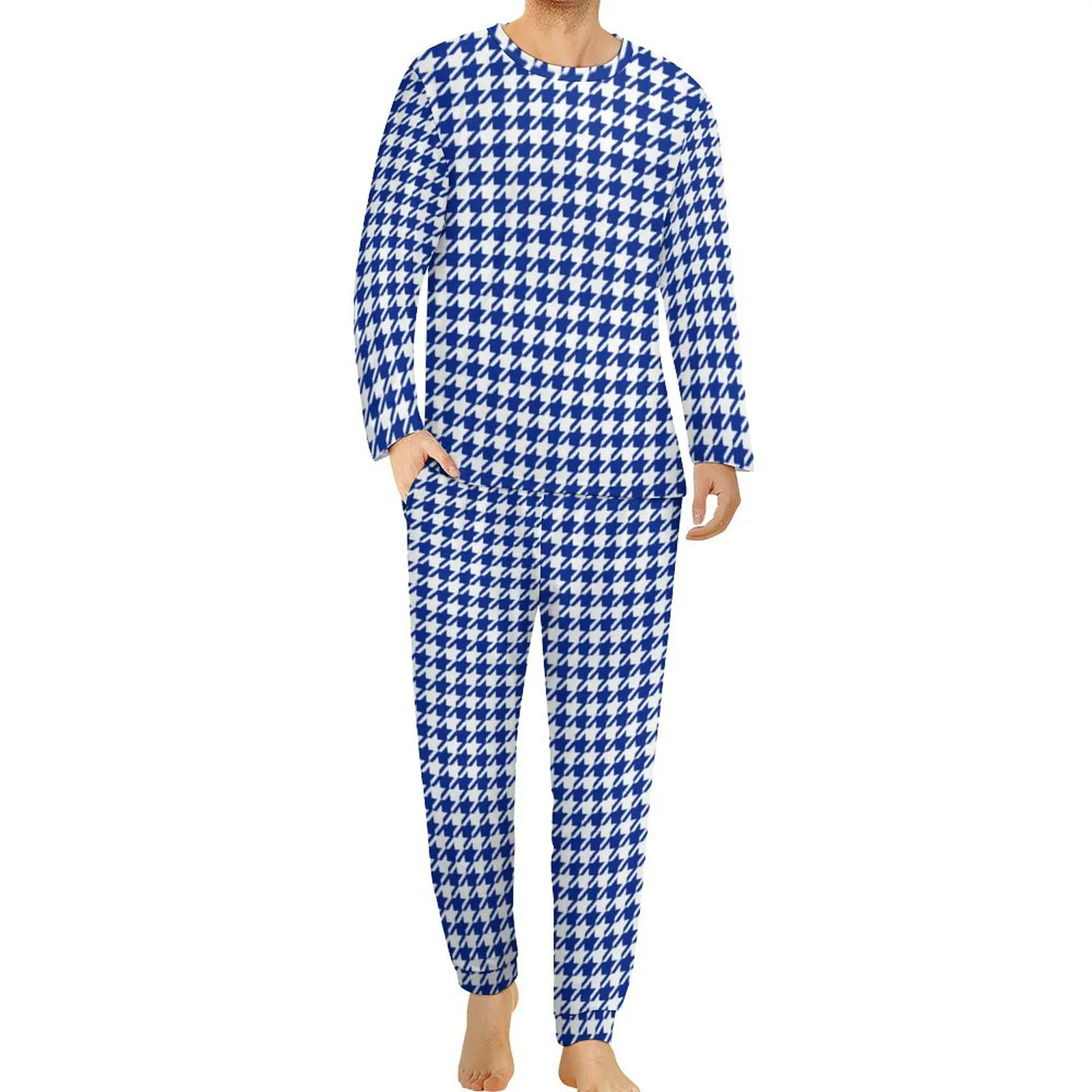 Blue Houndstooth Pajamas Classic Retro Print Man Long-Sleeve Pajama Sets 2 Pieces Bedroom Winter Design Nightwear Gift Idea