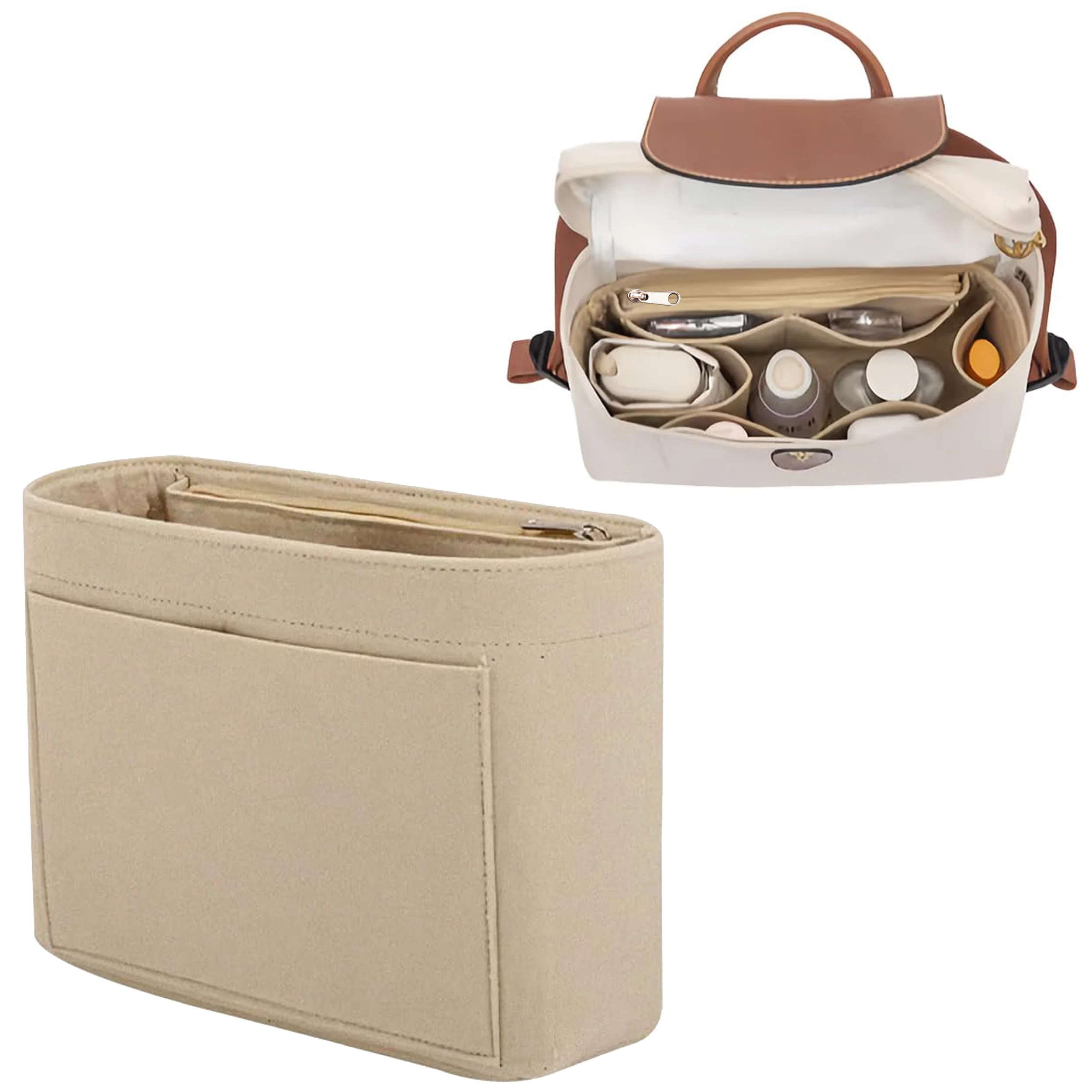 Inserto organizador de bolso de fieltro con múltiples bolsillos, forro de bolso en bolso para bolsos y mochilas, bolsa de almacenamiento de maquillaje de viaje