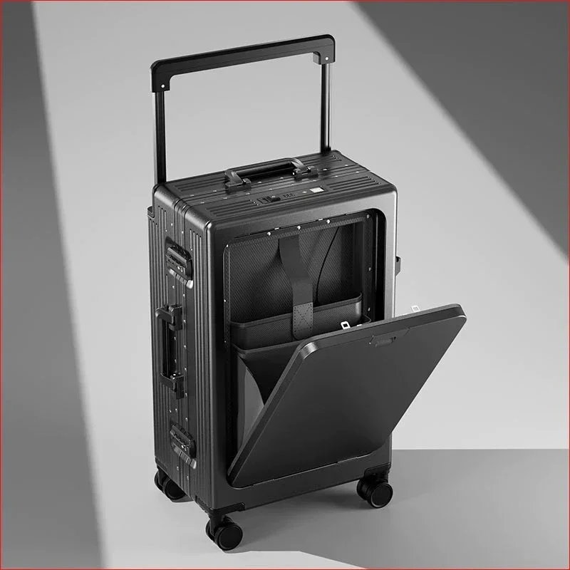 Rolling Luggage Fashion Wide Handle Travel Suitcase Front-open Trunk Aluminum Frame Boarding Suitcases Multifunctional Luggage