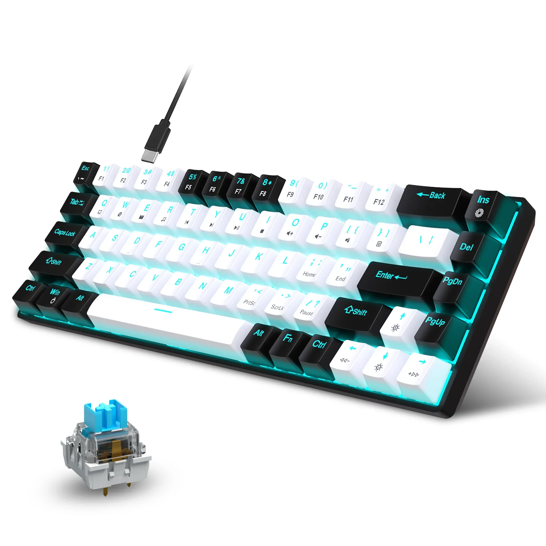 teclado mecanico de 68 teclas ergonomia rgb retroiluminado led troca quente interruptor azul teclado para jogos pc laptop escritorio 01