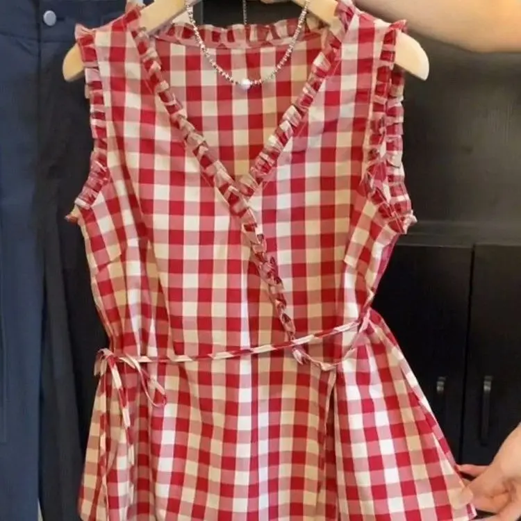 

Ретро-жилет без рукавов в красную клетку для женщин, летний, с эффектом утяжки талии, с поясом под дерево, элегантный топ без рукавов в корейском стиле
