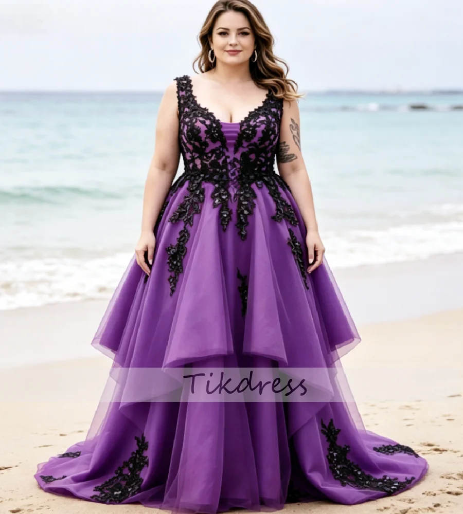 Plus Size Curvy Blue Gothic Wedding Dresses 2026 V Neck Plus Size Tulle Backless Bridal Gowns Elegant Bohemian Civil Receptions