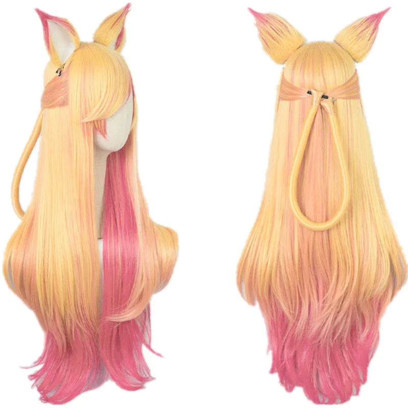 LOL Ahri Gumiho Star Guardian Golden Pink Mixed Color Ombre Wave Long Heat Resistant Hair Cosplay Costume Wigs Wig Cap