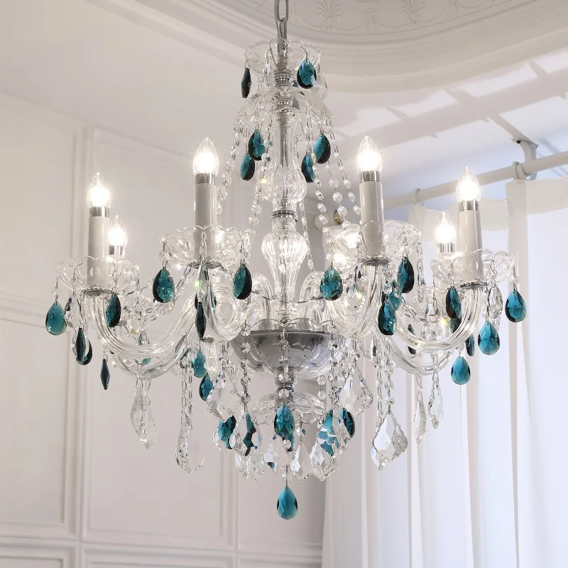 French Blue Crystal Candle Chandelier Luxury Romantic Glass E14 Pendant Lights Living Room Art Decor Led Lamparas Bedroom Lamp