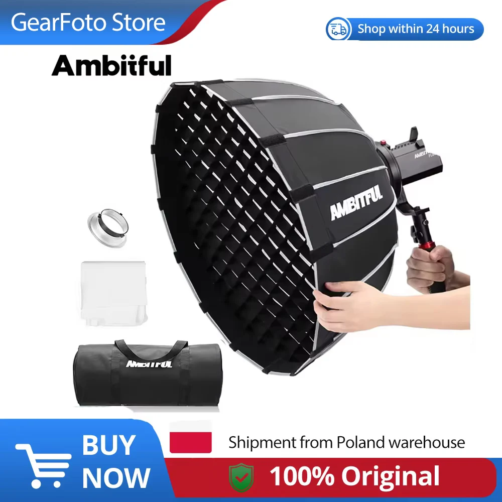 AMBITFUL P60 Draagbare 60CM Diepe Parabolische Softbox met Honingraatrooster voor Bowens Elinchrom Flitser - Snelle Installatie Softbox voor SL-60W SL60IIBI SL60IID SK400IIIV LE300BI LE200BI SL150III