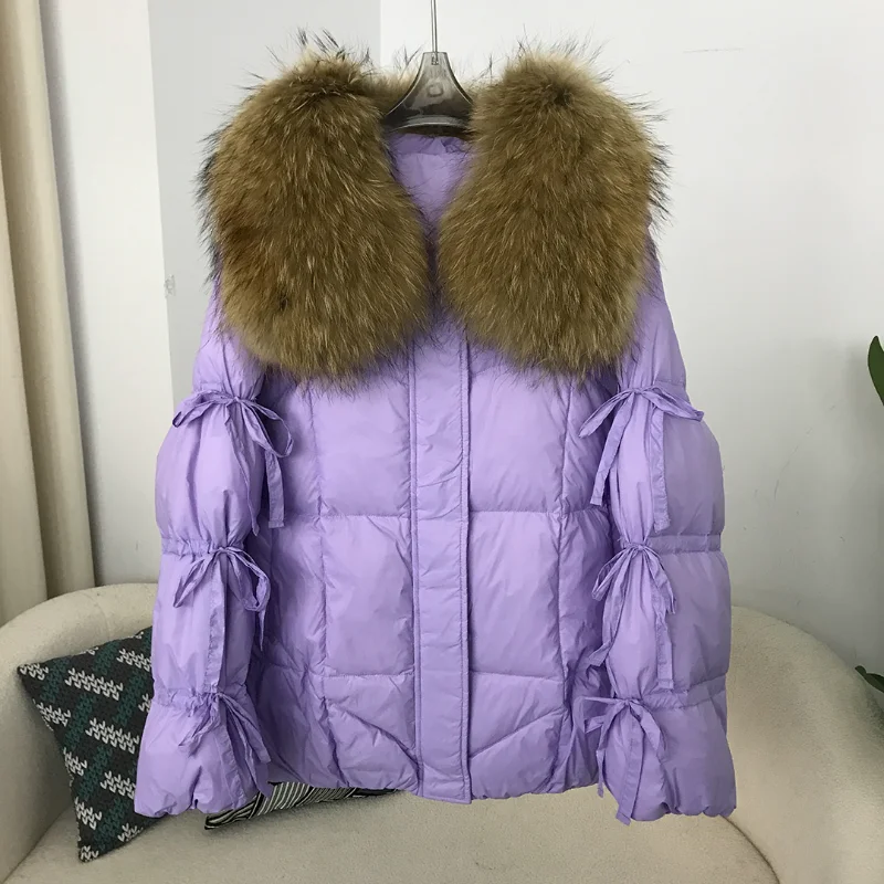 

MENINA BONITA 2023 Duck Down Jacket Winter Women Coat Super Large Real Raccoon Fur Collar with Bow Tie Sleeve Luxury Outerwear