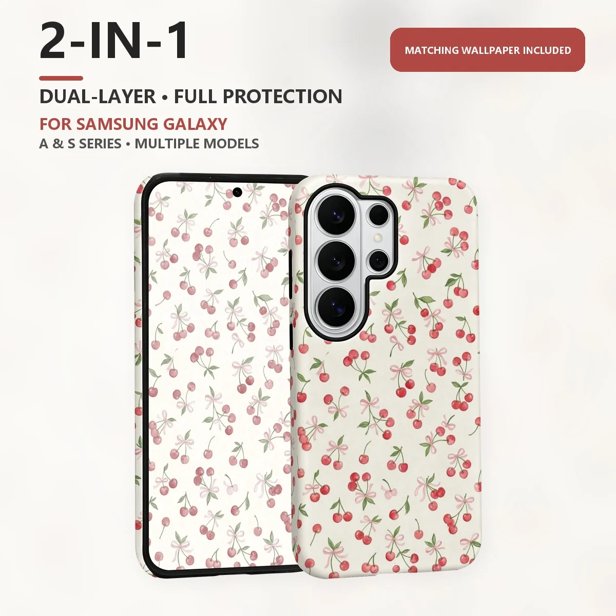 Watercolor Cherry Pattern 2-in-1 Dual-Layer Phone Case for Samsung Galaxy S26 S25 S24 Plus Ultra FE S20 FE A56 A17 A16 A15