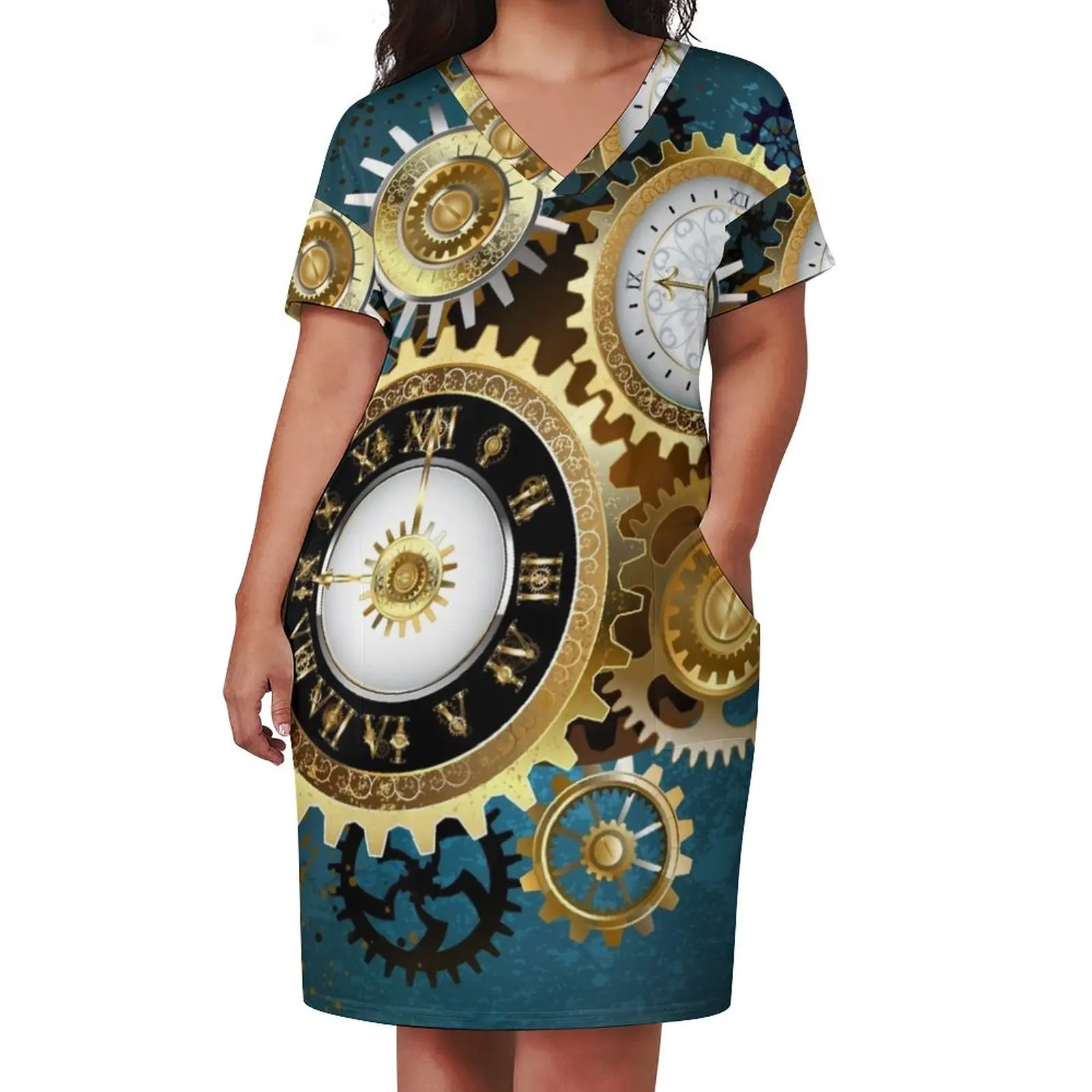 Two Steampunk Clocks with Gears Loose Pocket Dress birthday dress for women summer women's dress 2025