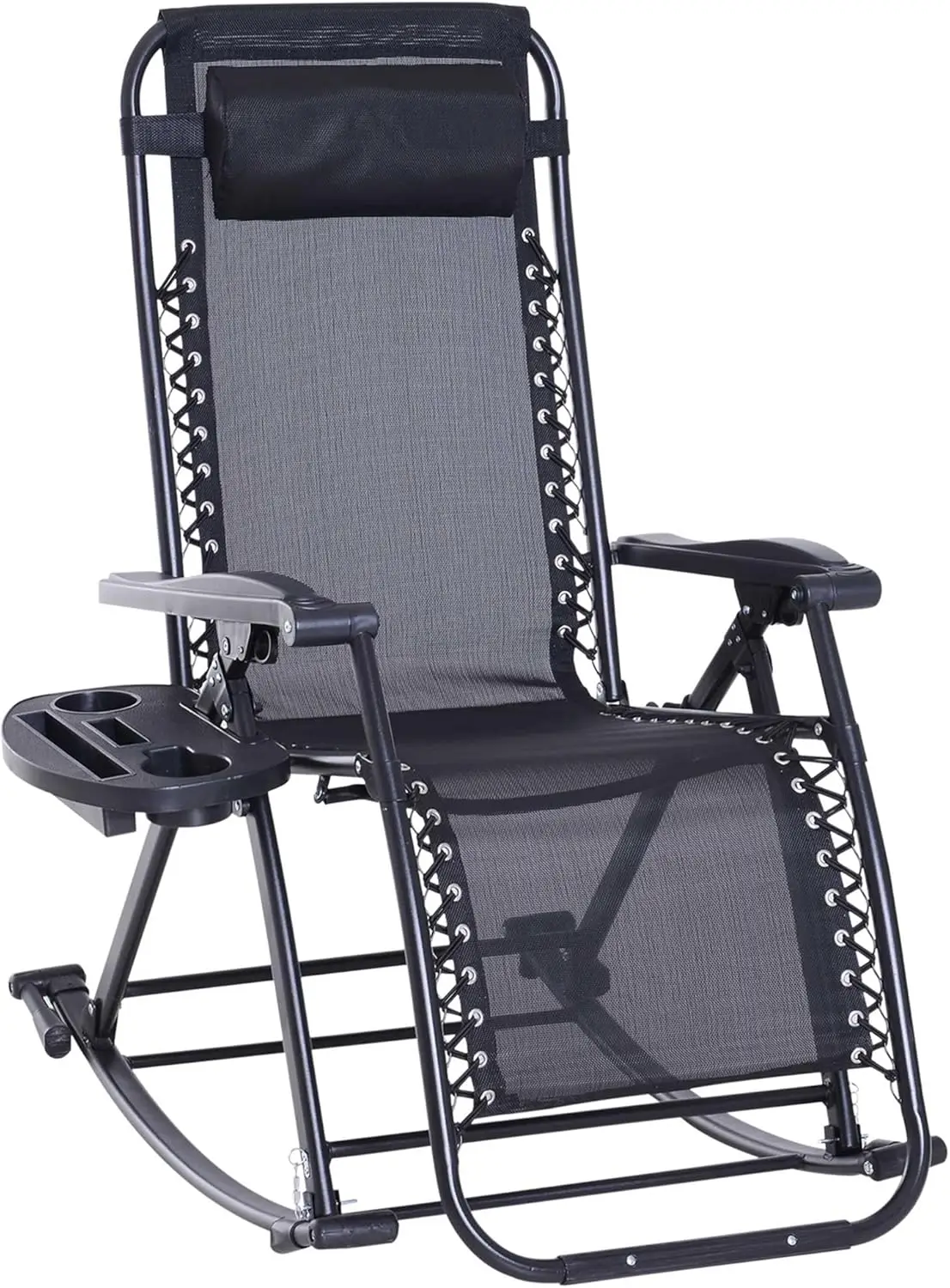 Outdoor Foldable Reclining Zero Gravity Lounge Rocker, Black, with Pillow, Cup & Phone Holder, Folding Legs