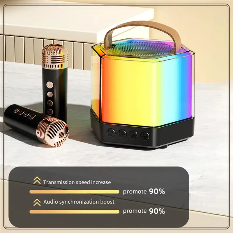 آلة الكاريوكي، مكبر صوت كاريوكي محمول مزود بتقنية البلوتوث مع أضواء مبهرة للبالغين والأطفال، ميكروفونات متينة باللون الأسود