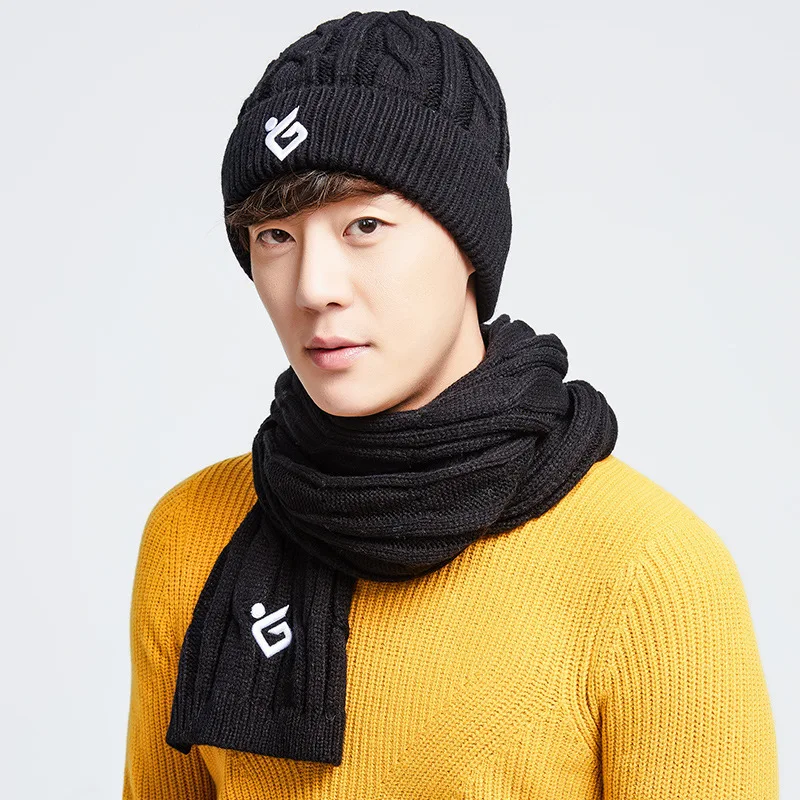 Hat scarf two-piece set for men and women Korean version winter velvet warm acrylic knitted ear protector wool hat DTZ02