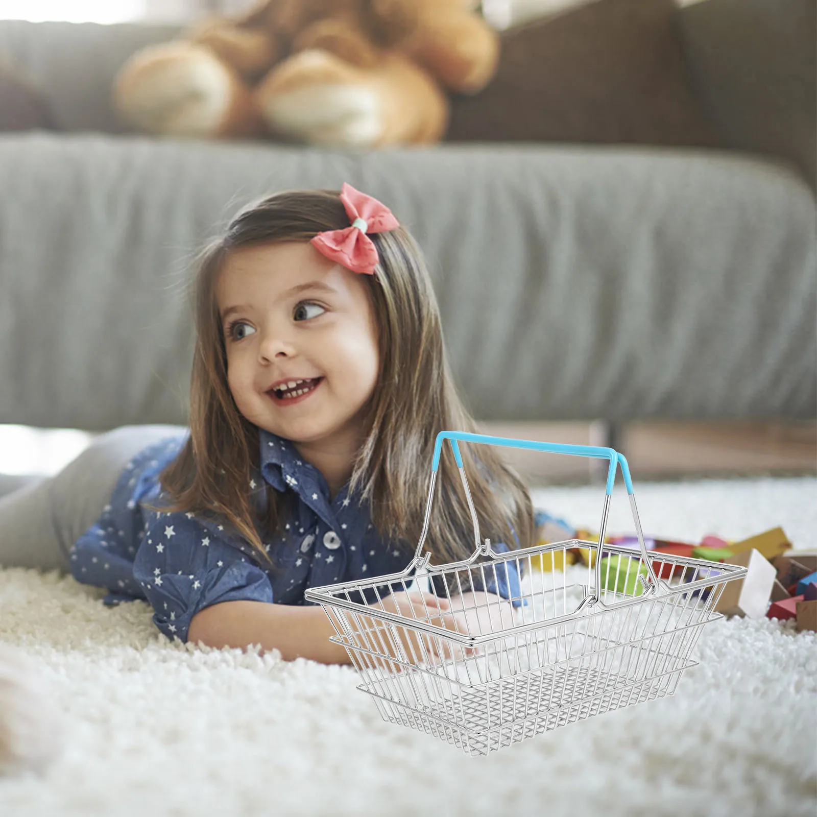 Mini cesta de ferro portátil, armazenamento de compras em miniatura para crianças, festa, playhouse, cesta pequena de arame, brinquedo, carrinho de compras