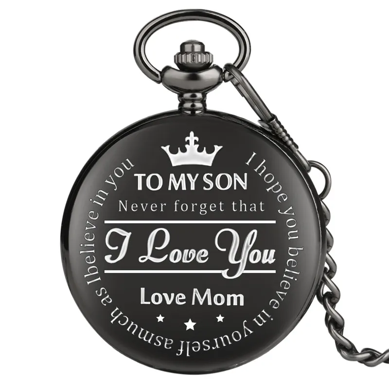 To My Son L Love You from Dad Mom Creative Black Quartz Analog Pocket Watch for Boy Kid Pendant Chain Clock Reloj De Bolsillo