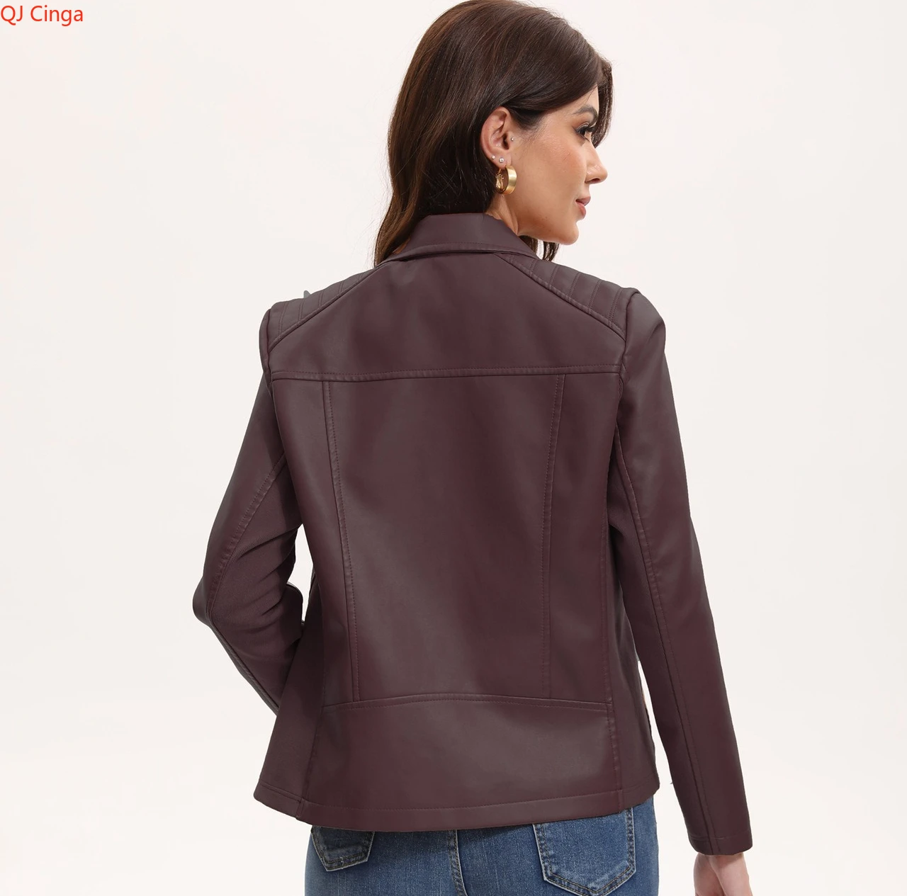 Women's Burgundy PU Jacket with Lapel Collar, Stylish Casual Black Faux Leather Coat, Khaki Patchwork Overcoat.
