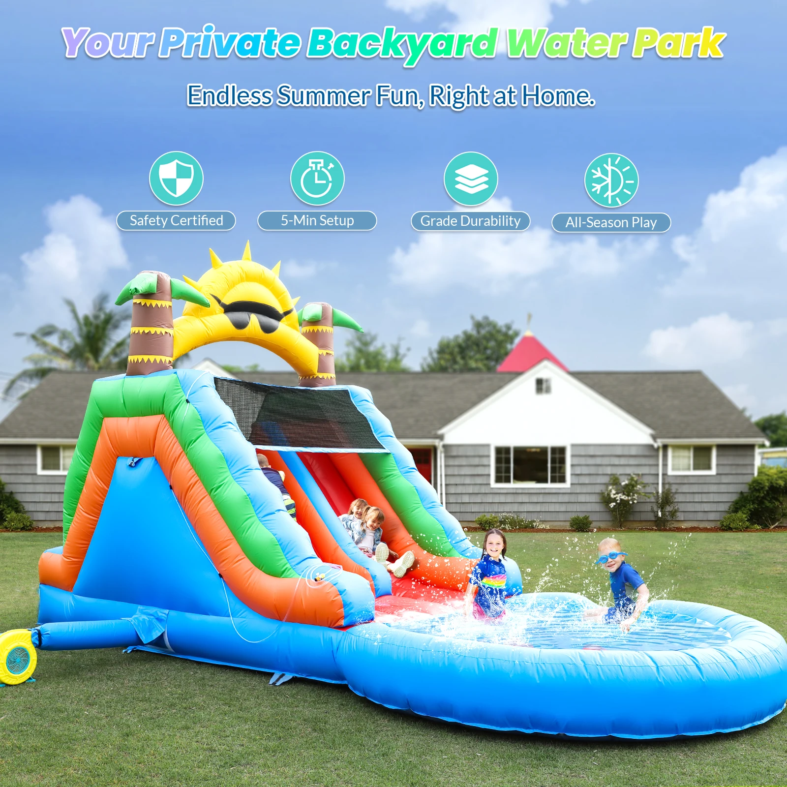 منزلق مائي قابل للنفخ، منزل ترتد تجاري مع منزلق مائي PVC ومنفاخ هواء بقدرة 1100 وات لحمام فقاعات ملعب للأطفال