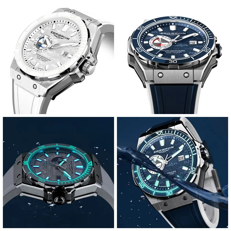 CERIEPON Men's Mechanical Watch 5ATM Waterproof Luminous Sapphire Glass Ceramic Fashionable Diving Watch Blue Planet Gift Men