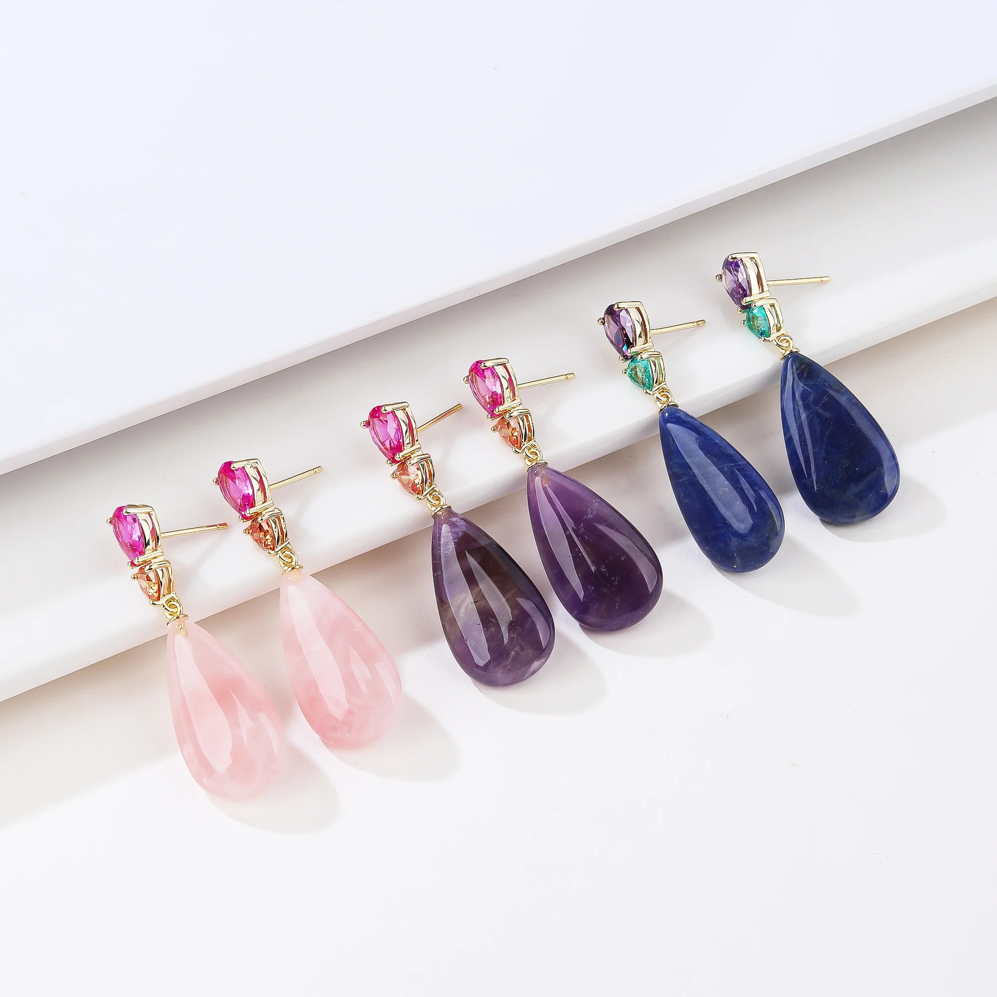 Classic Luxury Beauty Natural Gemstone Rose Quartz Amethyst Blue Sodalite Pendant Earrings Gold Plated with Zircon Inlay