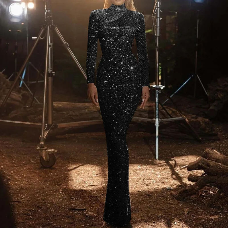 2025 frühling Aushöhlen Off-schulter Rundhals Slim Fit Elegante S-förmigen Pailletten Kleid Vestido Vestidos Fiesta Roben de Cocktail