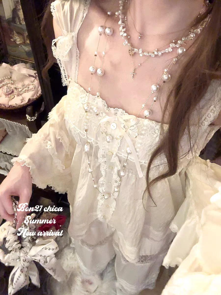 

Princess sweet lolita shirt bobon21 Pearl Tears Japanese Style Lace bow Retro cute Strap babydoll Shirt T2417
