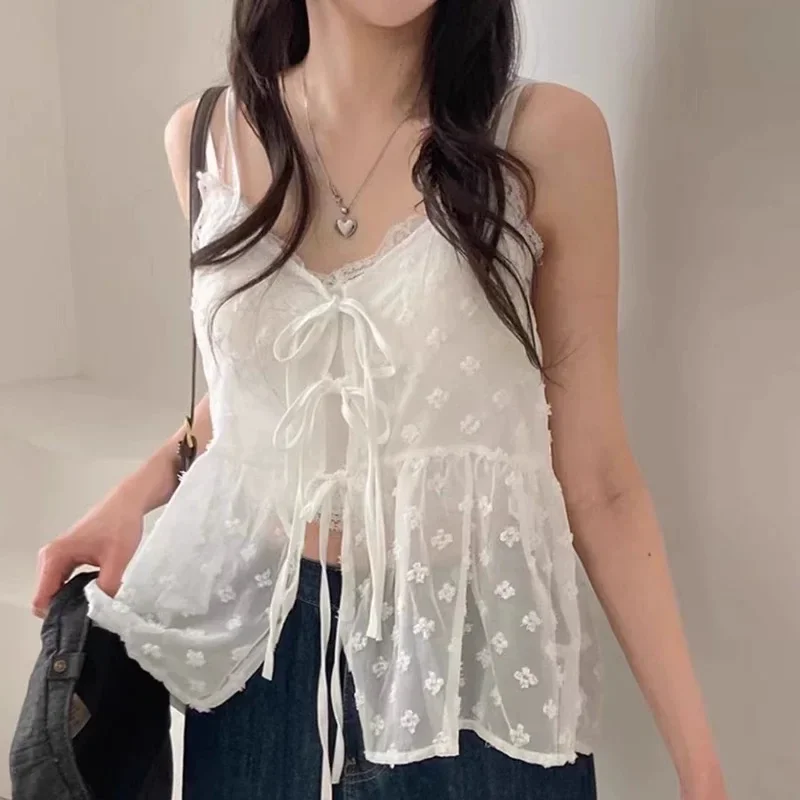 

2025 Elegant Summer French Kpop Lace Sling Mesh Tops Women Summer Fashion Stacked Loose Gauze Tanks Korea Vintage Outwear Camis