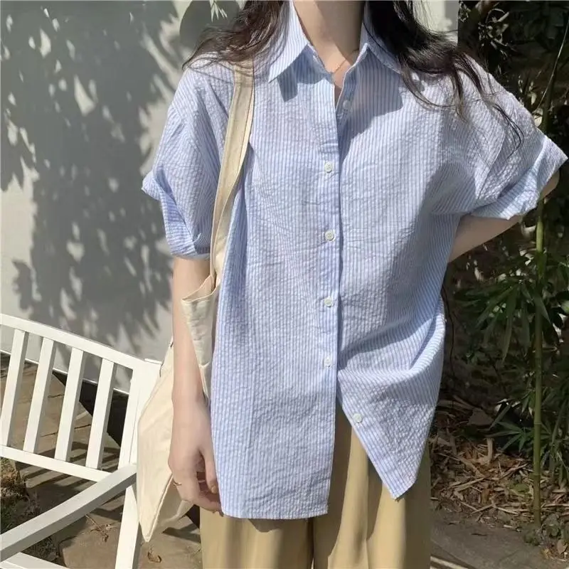 Rimocy Korean Blue Stripe Short Sleeve Shirt Women Summer Turn Down Collar Chic Blouse Woman Office Loose Button Up Shirts Mujer